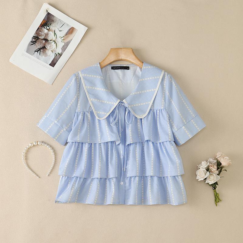 ZANZEA Women Casual Doll Collar Summe Loose Print Short Sleeve Blouse M