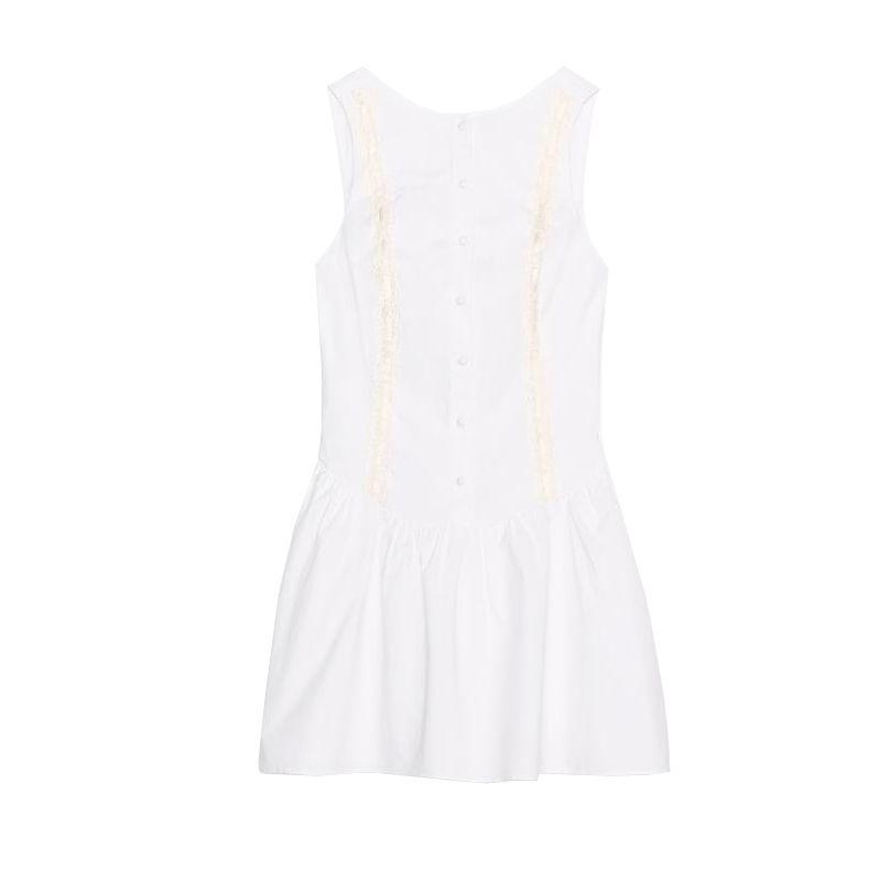 

Summer New Product Women s Clothes Button Decoration round Neck Sleeveless Patchwork with Trim Lace Poplin Dress 0881352 White L