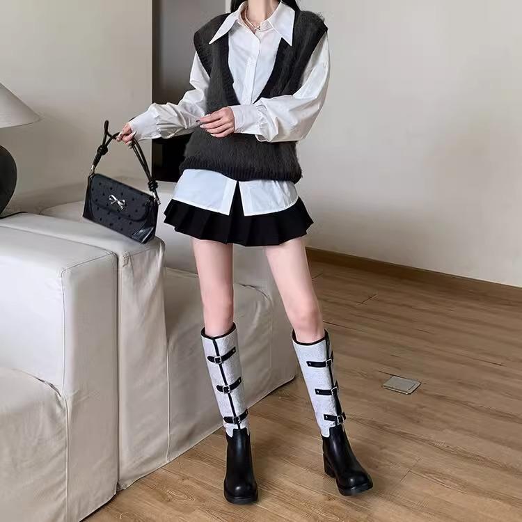 Meng Ziyi's same black and gray spliced knight boots for women's 2025 autumn and winter new belt buckle high boots long boots fashion boots