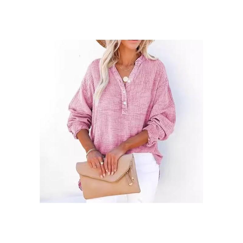 Street Style Wrinkled Cotton Long Sleeve Shirt For Women With Button Closure