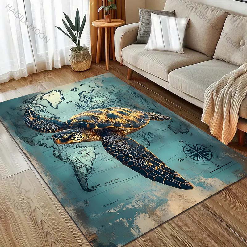 Vintage Turtle Map Print Carpet for Living Room Bedroom Bedside Sofa Floor Mat Modern Home Decor Area Rug Machine Wash