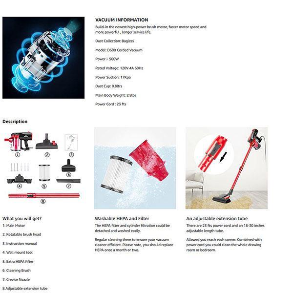 Strong Suction Stick Vacuum Cleaner, Lightweight Corded Vacuum for Hardfloor Pet Vacuums