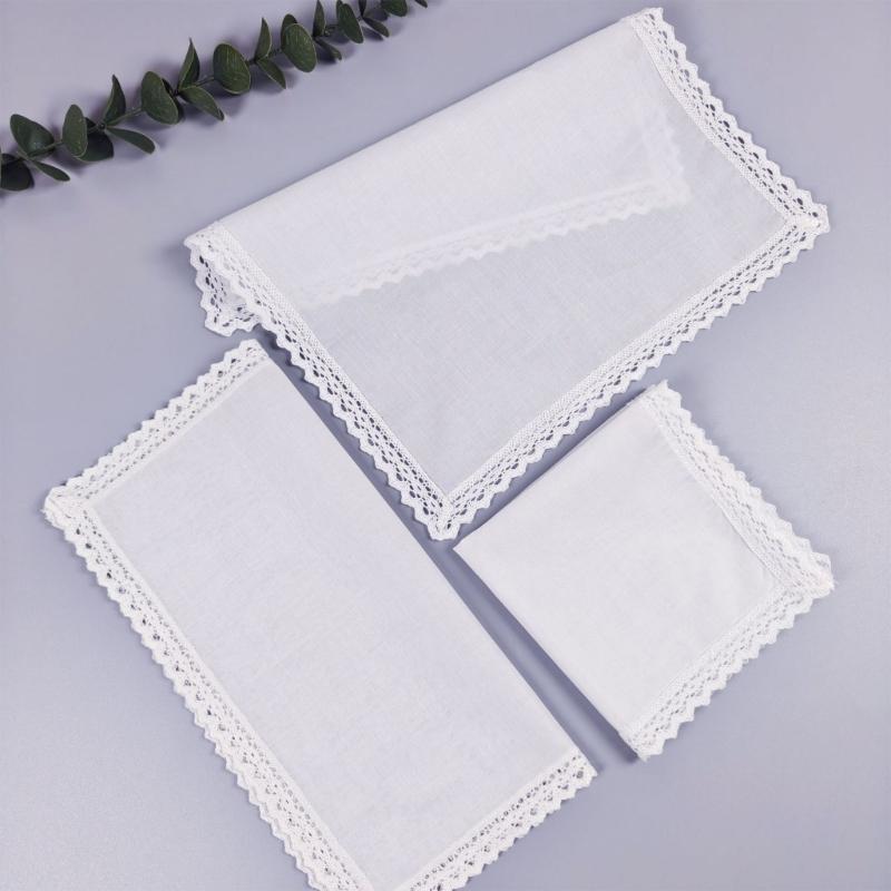 3 Piece Wedding Crochet Lace Edge Handkerchief Set For Bridal Party DIY Gift Cotton Personalizing Keepsakes Hanky