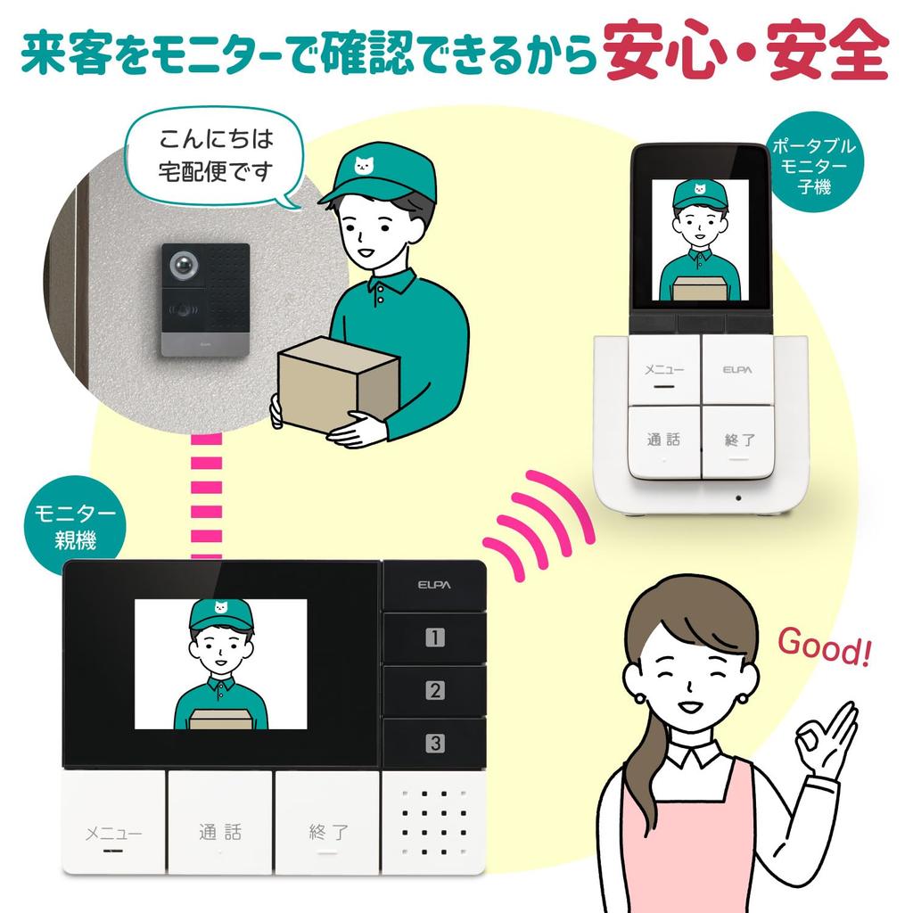 ELPA Video Door Wireless No Wiring Automatic LED Battery Operated DHS-TMP2320 Phone, Intercom, Required, Recording, Wide-Angle Camera, Light,