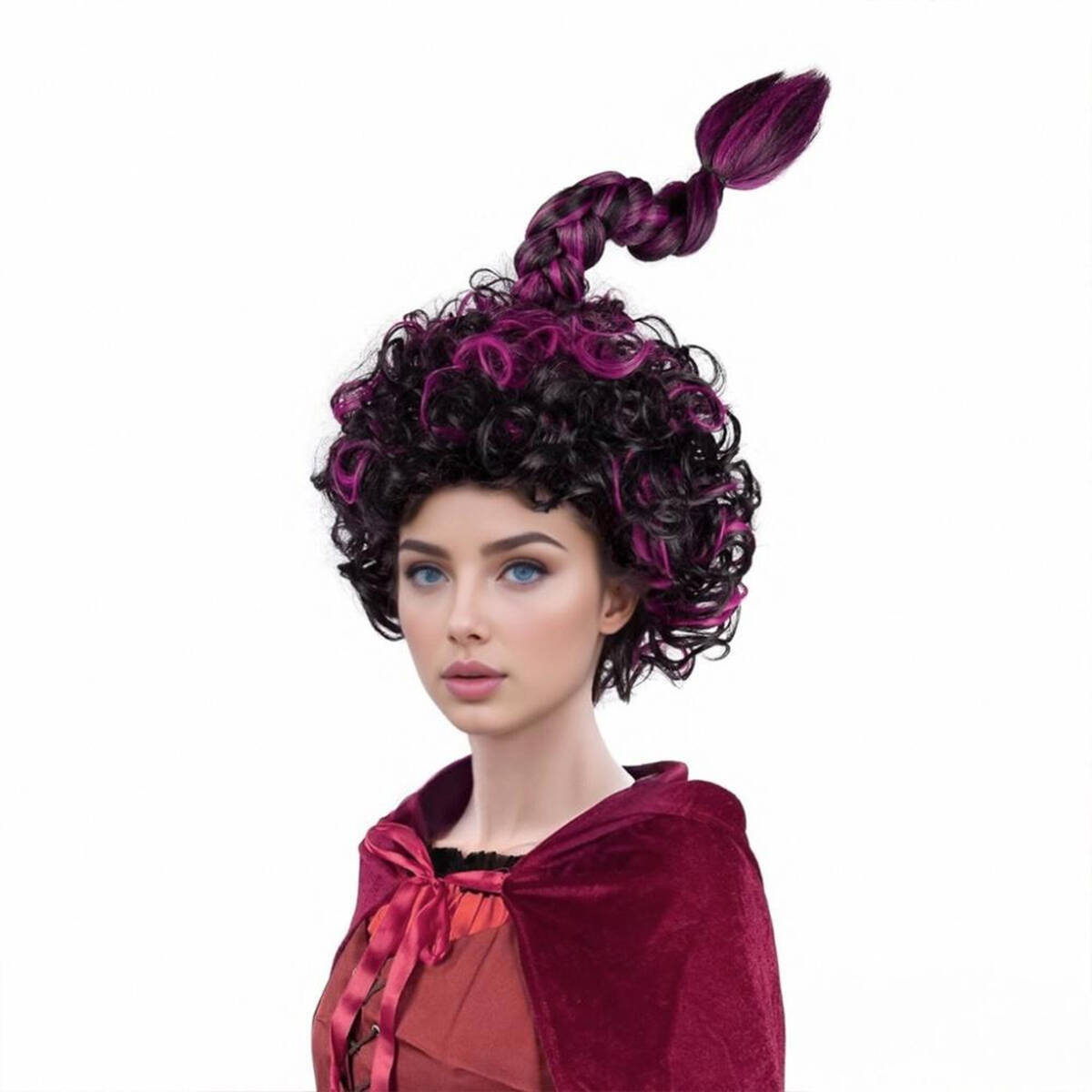 

Black and purple fluffy short curly braided synthetic wig | scorpion tail-shaped ponytail | suitable for festive role-playing