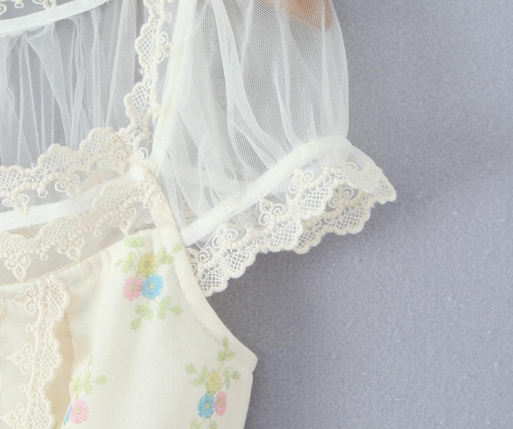 European Style Floral Lace Tie-up Mesh Blouse, Autumn 2025