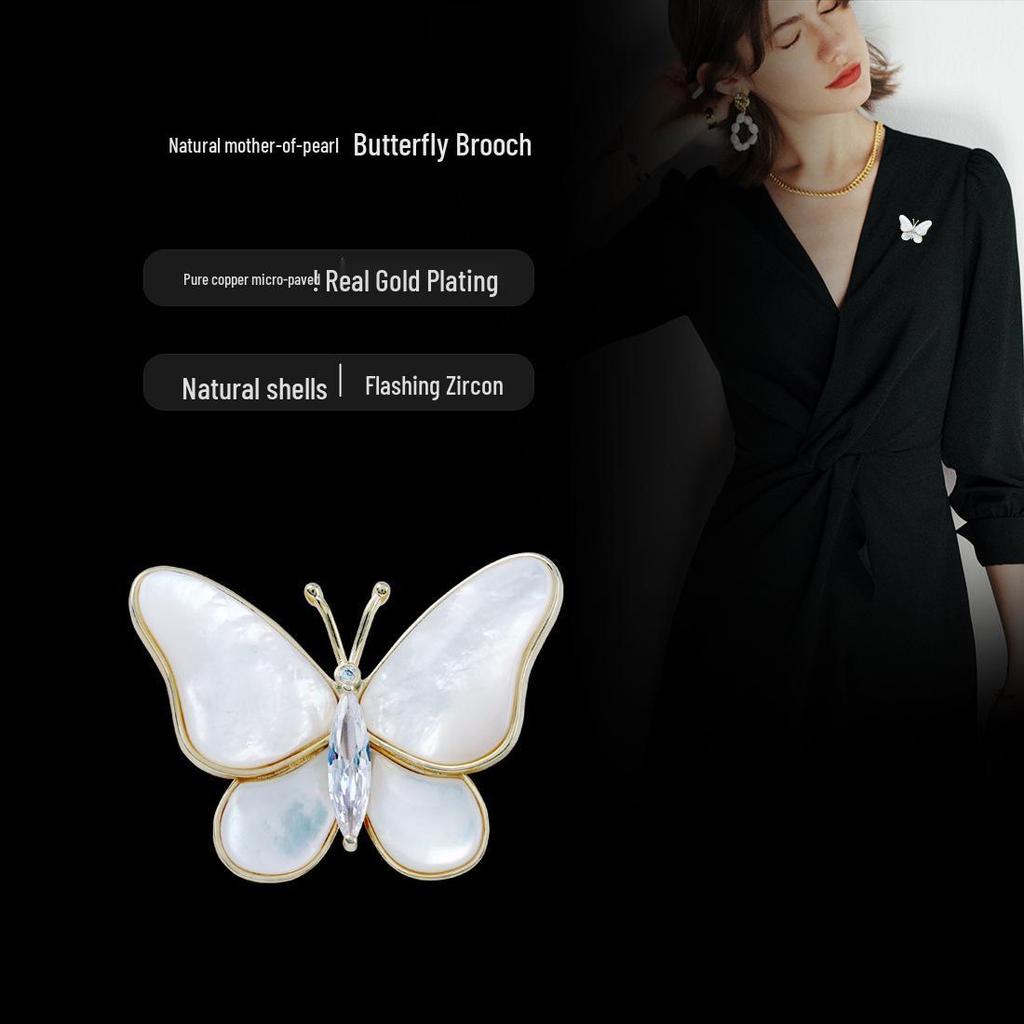 Gold-Plated Natural Shell Butterfly Brooch with Zirconia Flower - Elegant Women's Accessory