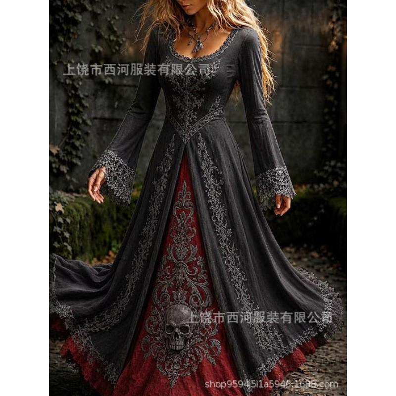 Abito Lungo da Donna con Stampa Sfumata Teschio Rosa Gotico Streetwear di Halloween