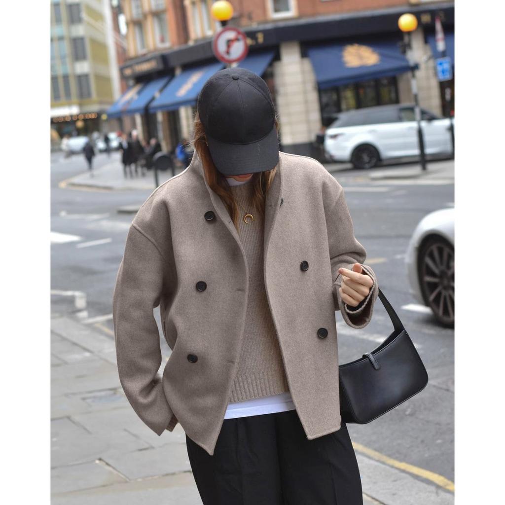 European Size Women's Solid Double Breasted Wool Blend Coat, Casual Elegant British Style Versatile Outerwear