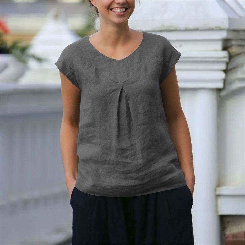 Letní nové dámské topy Ležérní volné jednobarevné krátkorukávové s výstřihem do V Bavlna a len Dámská trička
