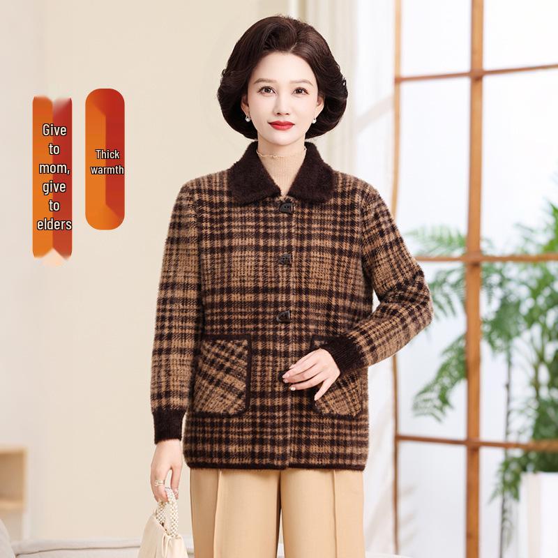 

Knitwear for Middle-aged and Elderly Women: Spring and Autumn Cardigan and Faux Mink Velvet Lapel Coat 2XL (105-120 lbs)