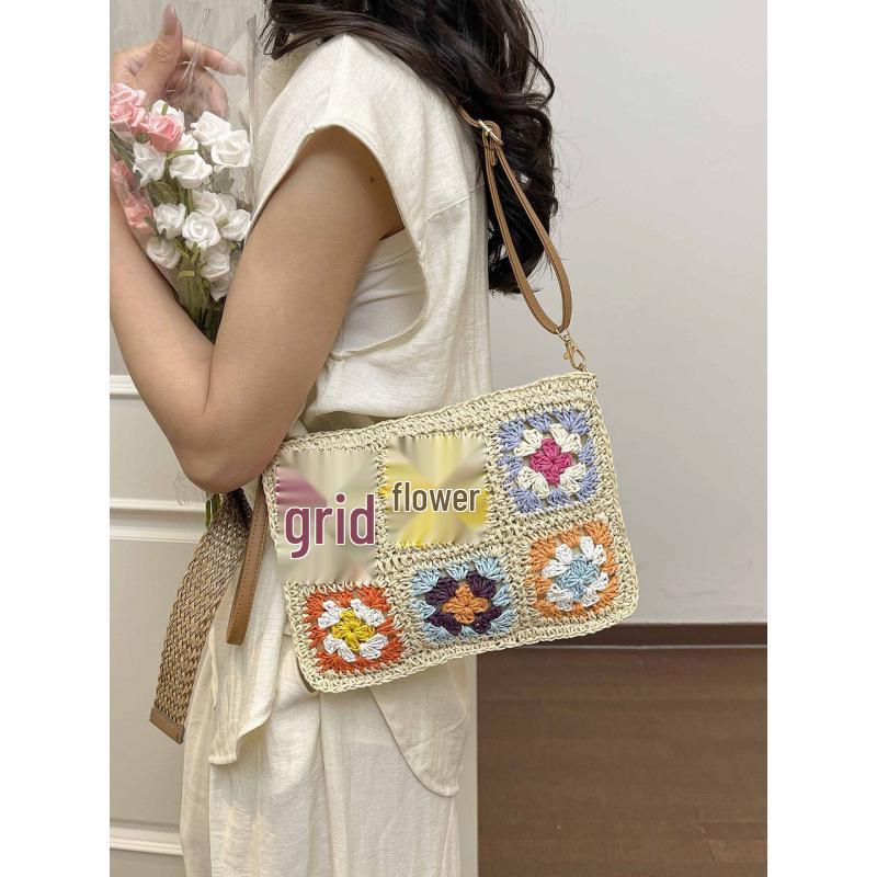Frühlings-Häkelblumen-Patchwork-Stroh-Quadrattasche - Damen Retro Gewebte Crossbody- und Umhängetasche