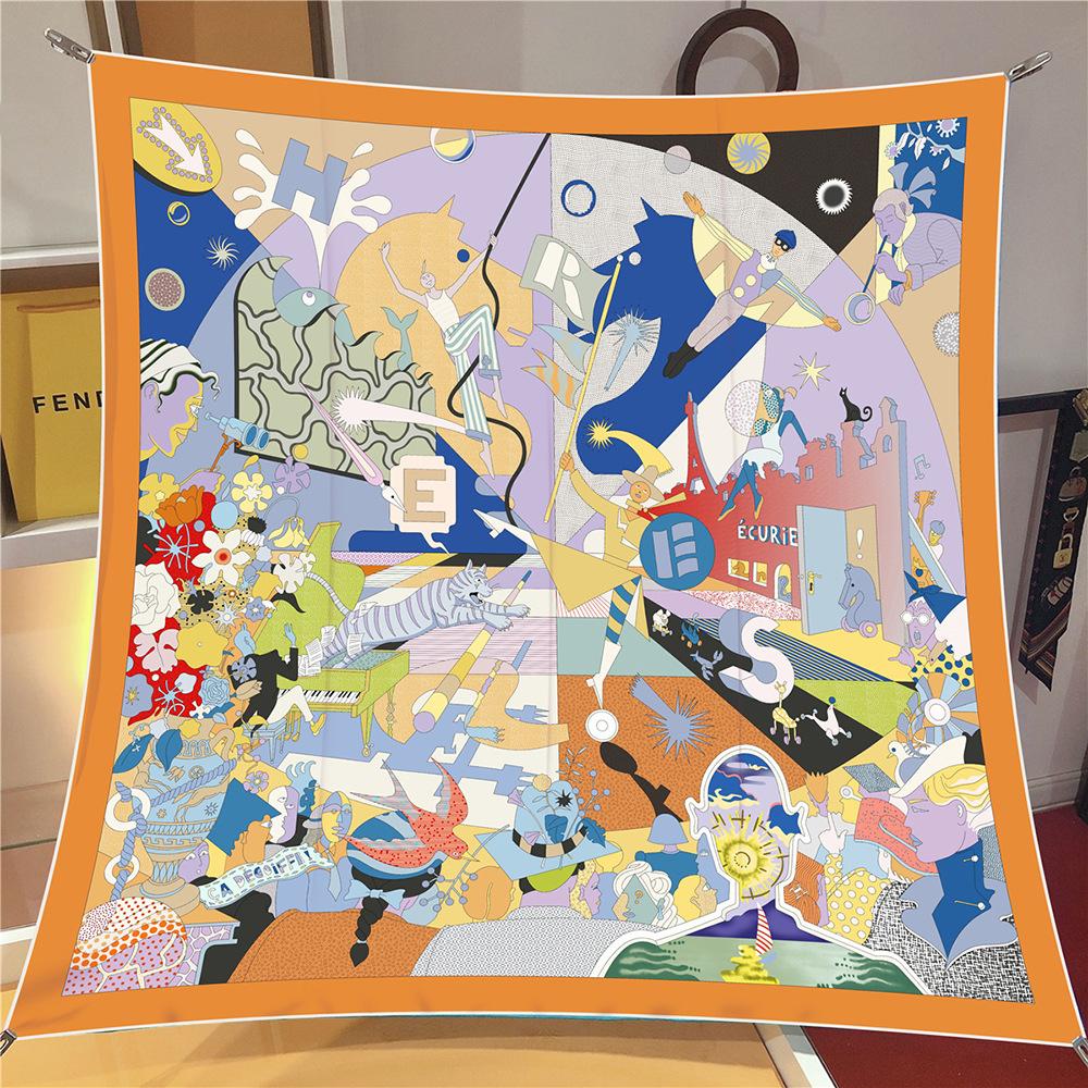 Twill Silk Scarf Shawl Brand Cartoon Circus Performance Square Scarf Women Hijabs Bandana Foulard Neckerchief Head Scarves