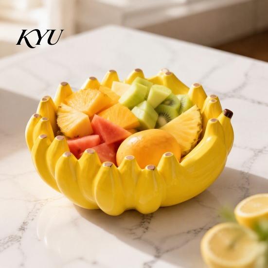 Kitchen Island Accessory Ceramic Banana Fruit Bowl, Creative Yellow Tray, Decorative Bread Serving Platter Salad Bowl for Dining Table Countertop