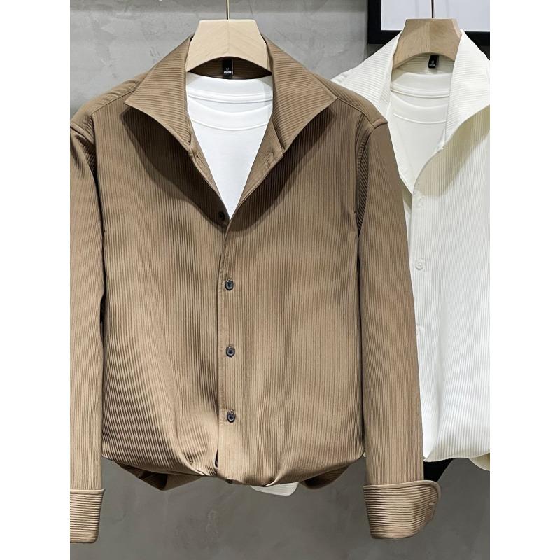 

Men s Khaki Vertical Striped Long Sleeve Shirt Casual Oversized Streetwear Top 2XL кавовий