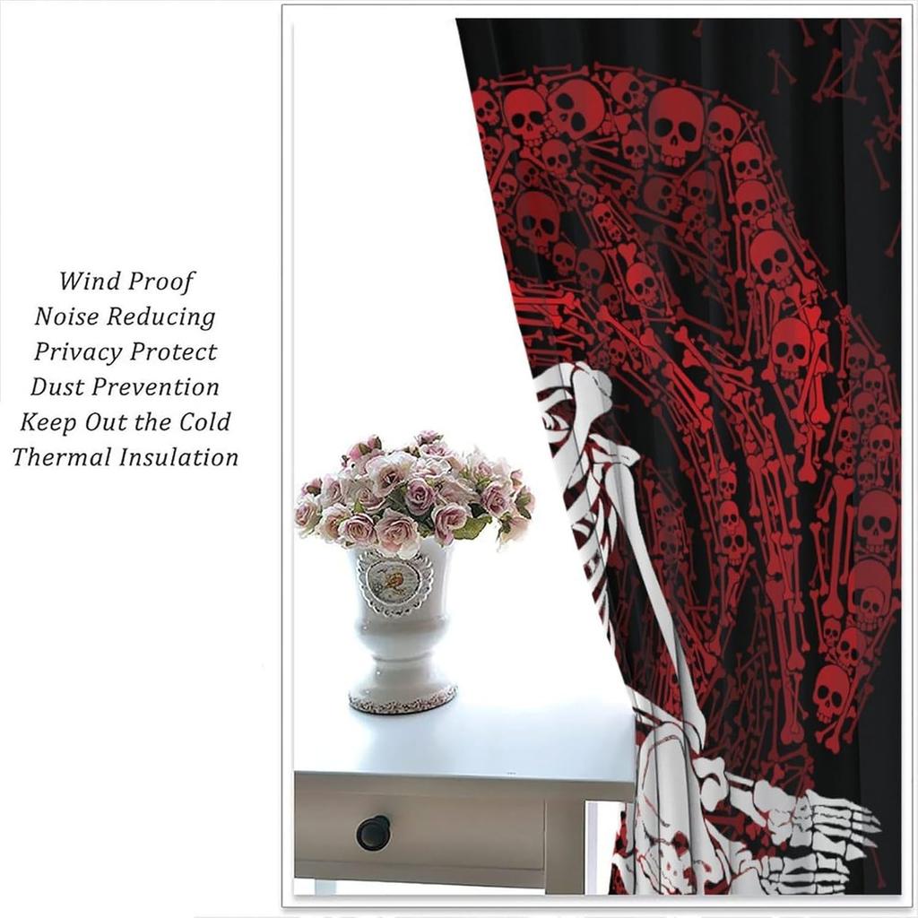 Gotische Rose Skelett Vorhänge Romantisch Schwarz Rot Abstrakt Knochen Floral Küssend Menschliches Schädel Heimdekoration Vorhänge Vorhang Vintage Polyester Mit Stangentasche