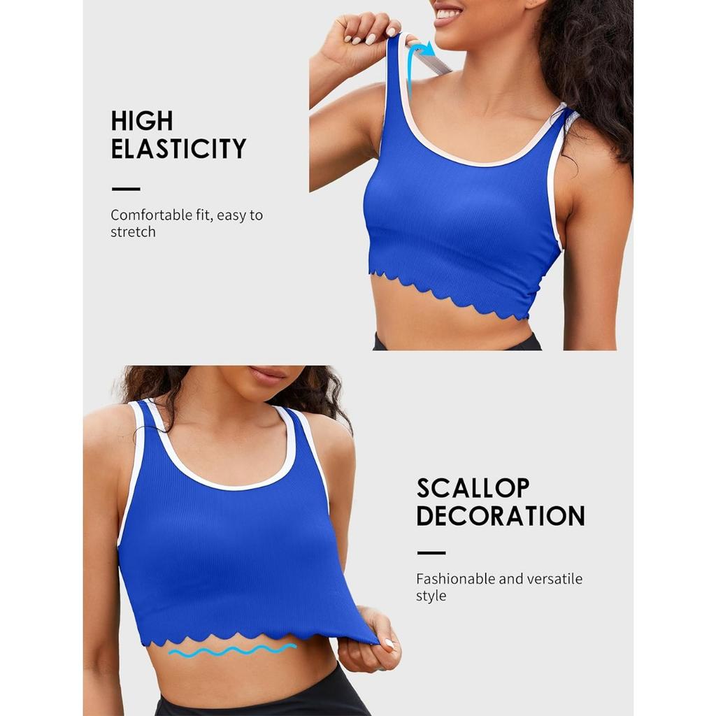 CHARMLEAKS Bikini Top per donna, scollo a barchetta, a coste, smerlato, costume da bagno imbottito, costume da bagno sportivo