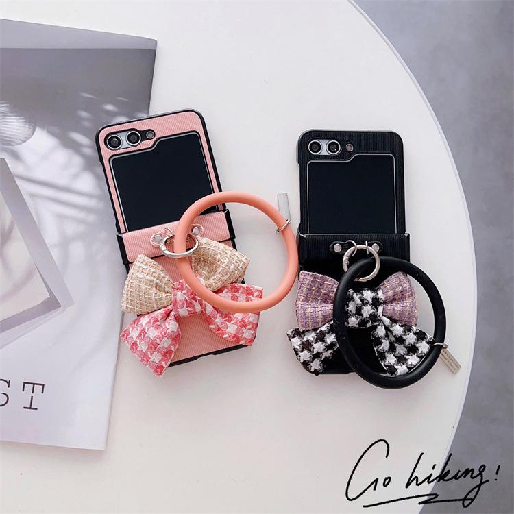 Applicable to Samsung ZFlip5 striped mobile phone case zflip4 bow portable hanging ring all-inclusive anti-drop case protective case