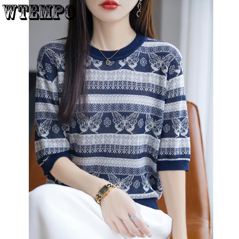 Summer Women's Knitted T-shirt Short Sleeved Top Breathable Ice Silk T-shirt for Women