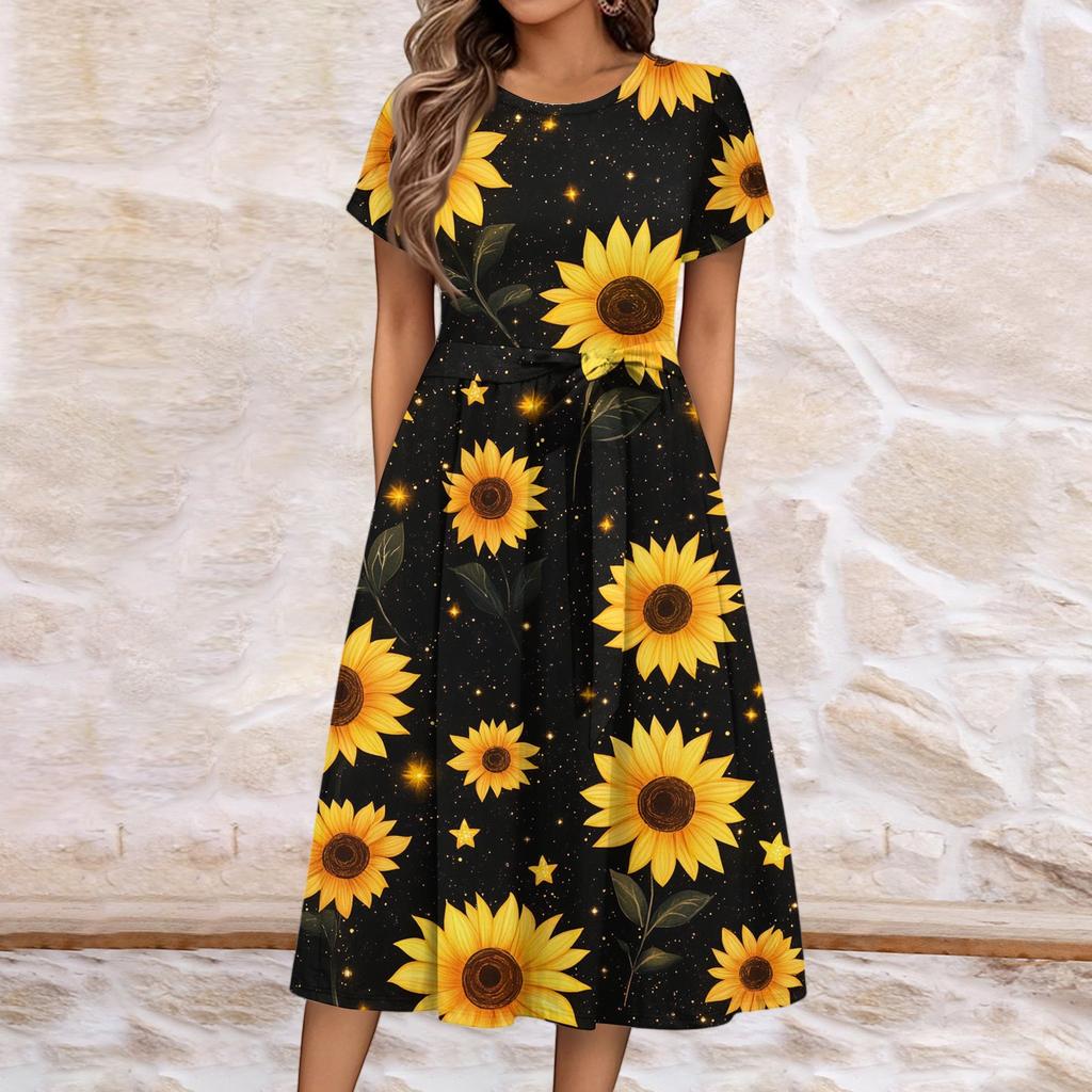 Women's Summer  Casual Floral Print  Round Neck Midi Dress Basic Classic Outdoor Everyday Short Sleeve Loose Dress