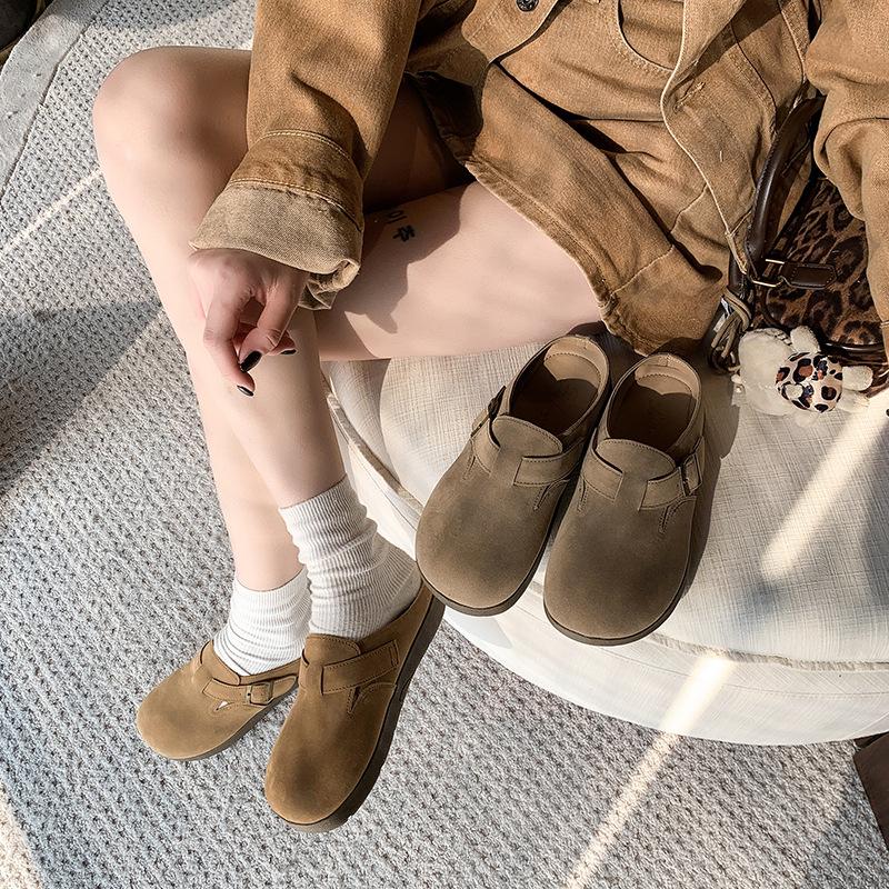 Leather Boken shoes women's 2025 spring new outer wear platform Boken bag head half tray lazy one pedal slippers