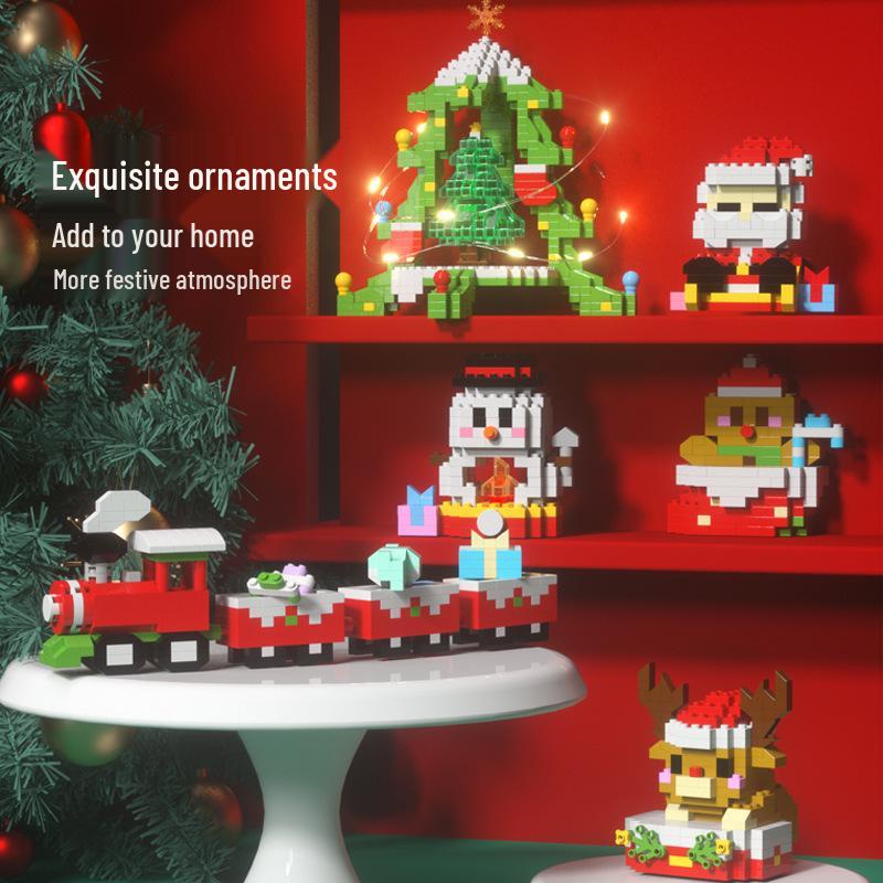 Christmas Lego-Compatible Building Blocks: Assembled Tree, Reindeer, and Santa Ornaments