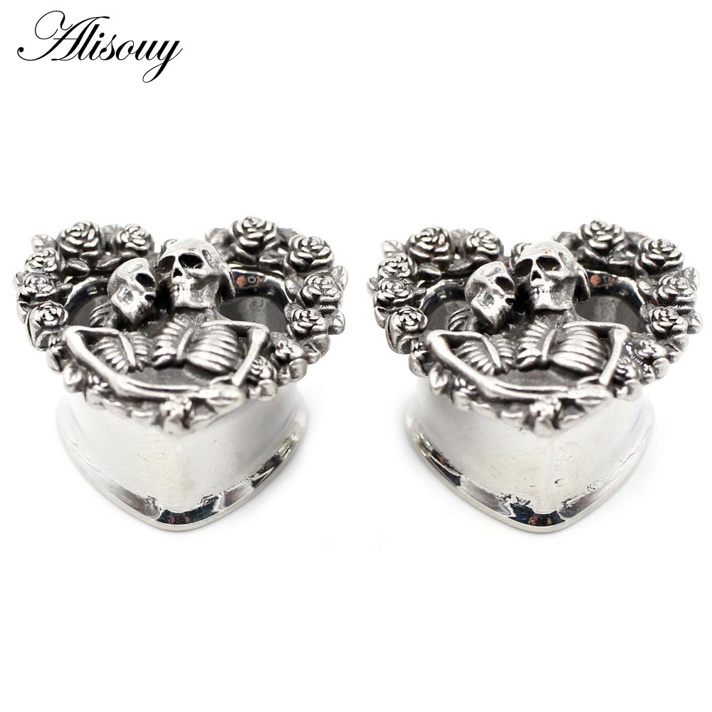 Alisouy 2PCS Retro Stainless Steel Skull Rose Flower Heart Ear Plugs Tunnels Expander Stretchers Gauges Piercing Body Jewelry