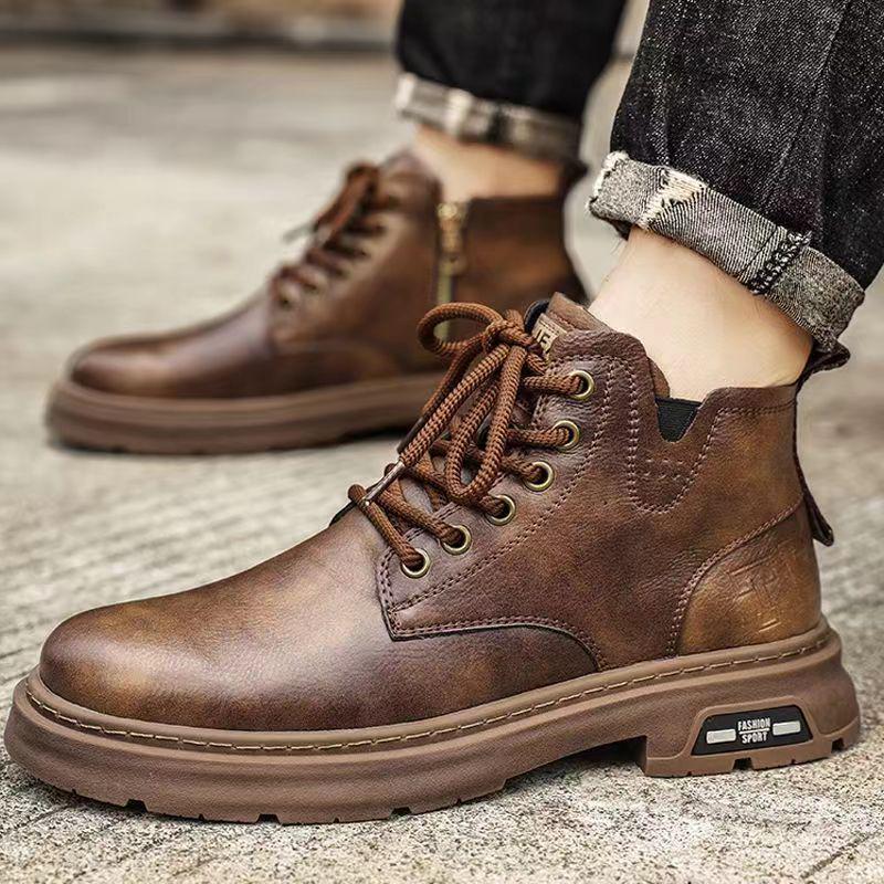 Men's Retro British-Style High-Top Leather Boots: Breathable, Trendy, Versatile Martin Boots with Thick Soles