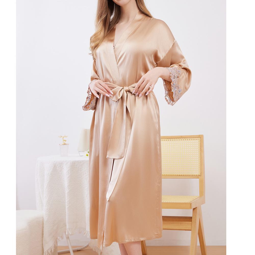 Women's Embroidered Silk Robe & Nightgown Set: Long Camisole, Multi-piece Mulberry Silk Sleepwear