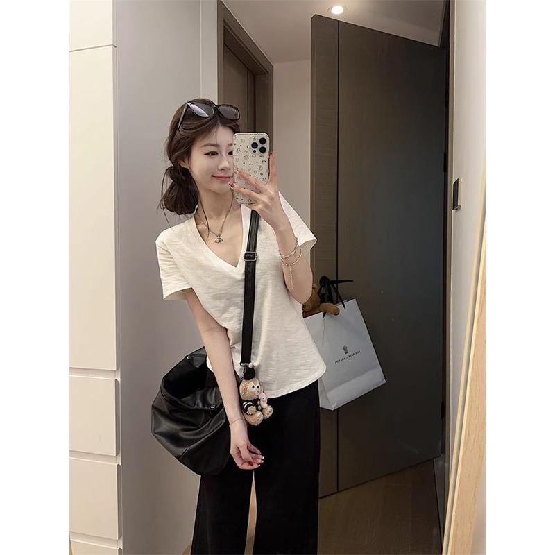 White V-neck bamboo cotton short-sleeved women's summer casual loose and comfortable bottoming top simple and versatile basic T-shirt