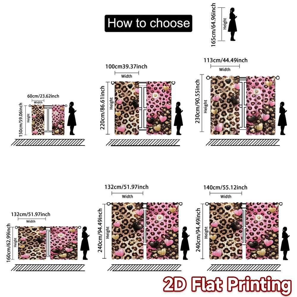 2D FLAT PRINTING 2pcs Curtains (Without Rod) Valentine's Hearts and Leopard Modern Window Curtain Durable Polyester Curtains