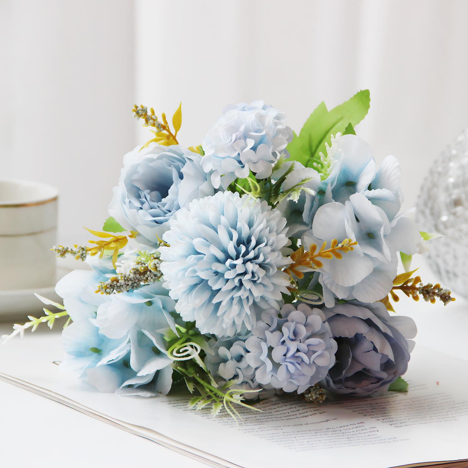 

Европейские искусственные пионовидные розы - Красочный 7-головочный цветочный декор для свадеб, домов, отелей и фотографии синий