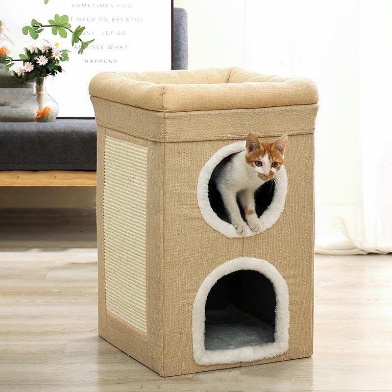 Large Foldable Cat House: Wear-Resistant, Double-Layered Pet Nest with Scratch Board, Suitable for All Seasons