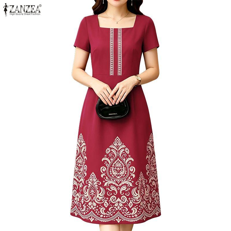 ZANZEA Women Elegant Square Collar Casual Short Sleeve Print Dress