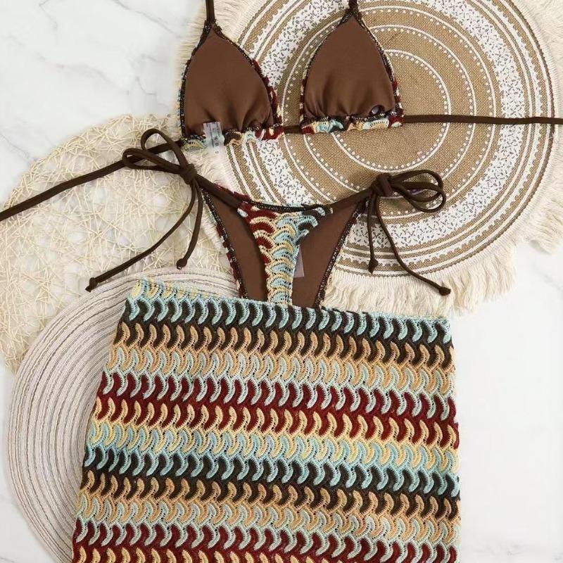2026 New European and American Seaside Vacation Bikini Swimsuit Three-piece Sexy Babes Striped Straps Split Swimsuit