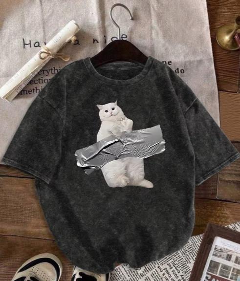 

Cute Cat Pattern Tshirt Vintage Shirt Casual Retro Style Suitable for Daily Travel Leisure Suburban Classic Womens Clothing S