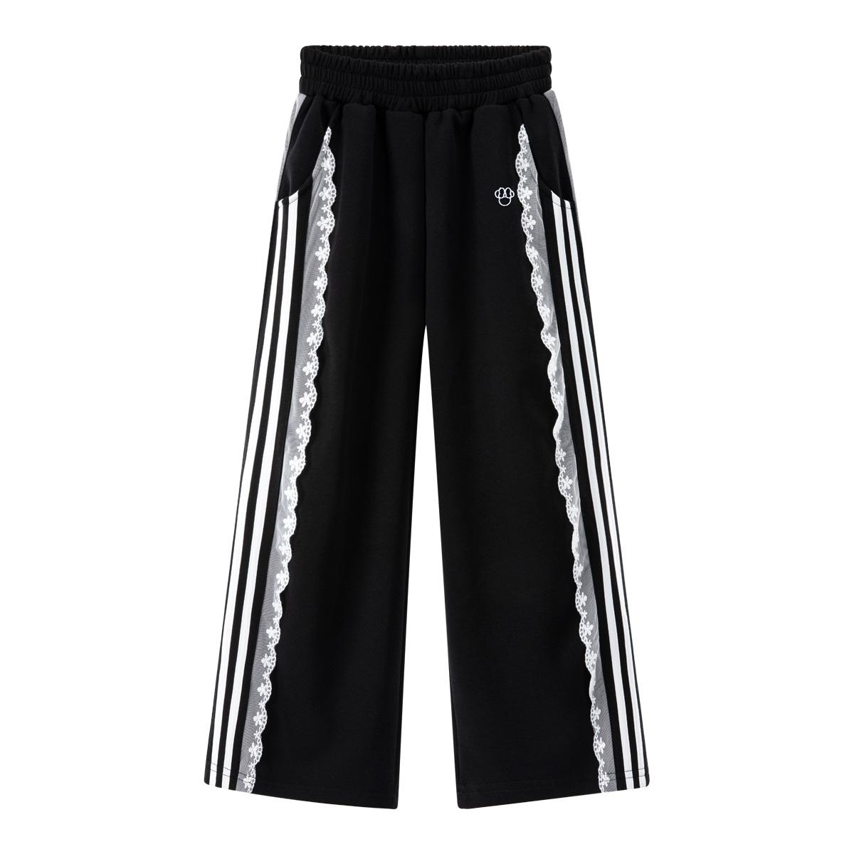 

Girls Comfortable Wide Leg Pants with Lace Side Stripe - Autumn Collection 25 140cm чорний