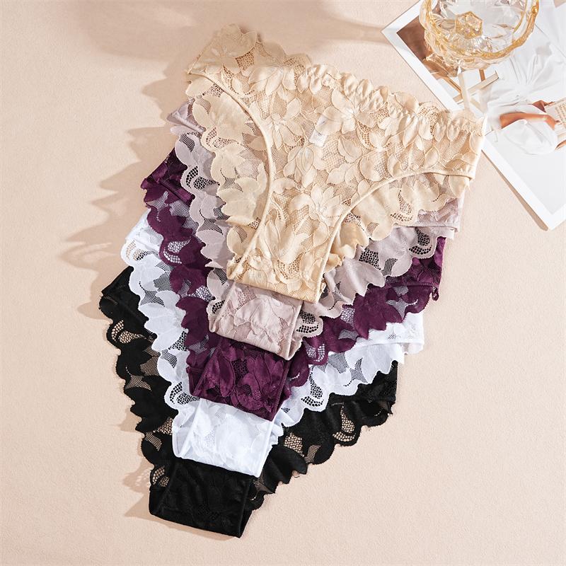 FINETOO 2Pcs Women's Satin Floral Lace Underwear Sexy Hollow Out Panties Solid Low-Waist Perspective Briefs Girls Soft Lingerie