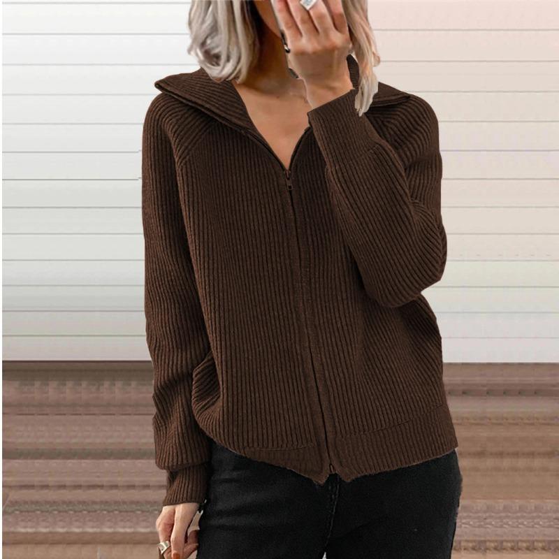 Cardigan a Maglia da Donna S Manica Lunga Collo a Revers Zip-Up Autunno Casual