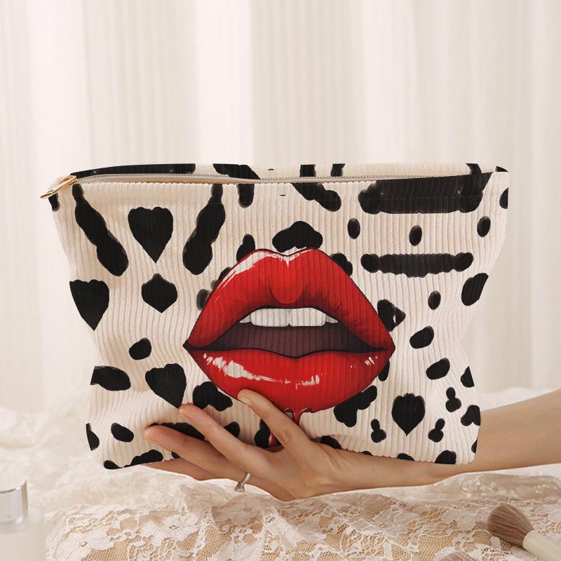 Lip Pattern Printed Makeup Bag Corduroy With Zipper Cosmetic Storage Bag Multi-Functional Clutch Bags
