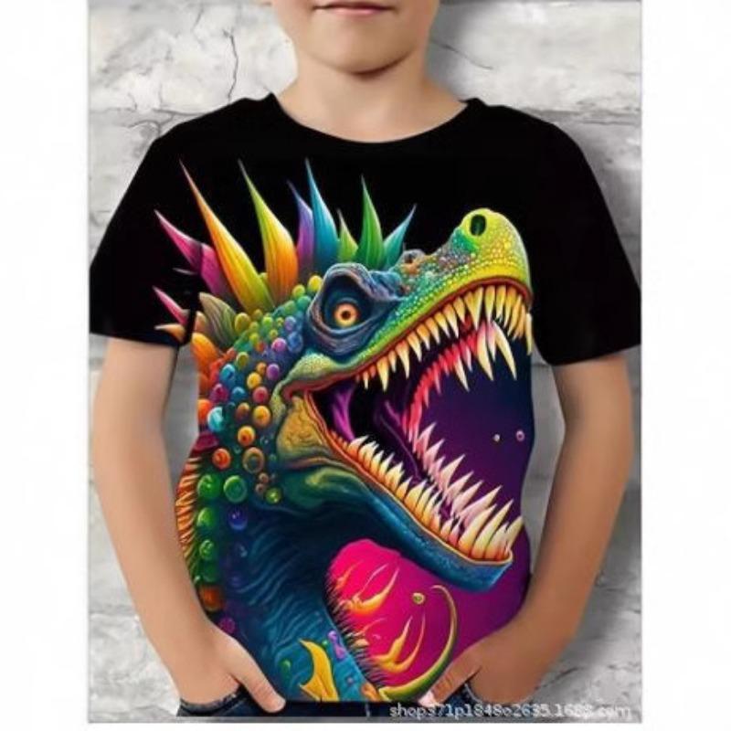 Summer Round Neck 3D Oil Painting Dinosaur Printed Top Fashionable Casual Short Sleeved Children's Boy T-shirts