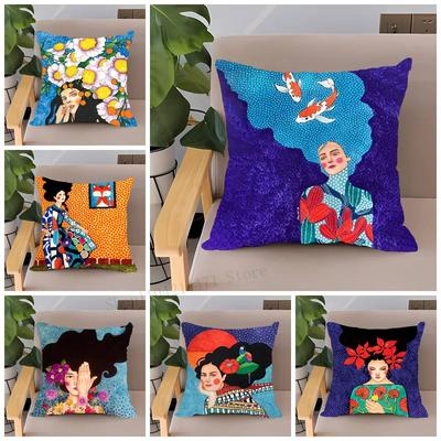Vintage Abstract Girl Hair Flower Pillow Case Home Decor Throw For Sofa Bed Car Room Decor Gift Idea
