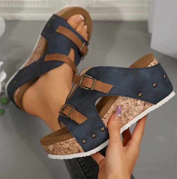 Donna Fibbia Metallica Pantofole Zeppa Donna 2026 Sandali Piattaforma Borchie Vintage Donna Pelle PU Taglia Larga Scarpe Estive 43