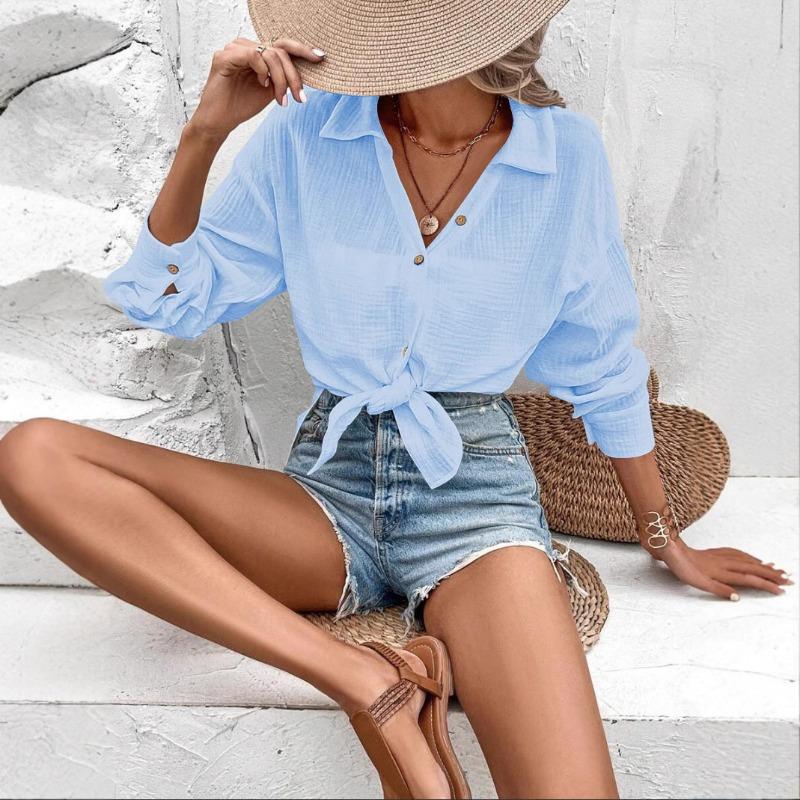 Doppel-Knitterhemd Einfarbig Revers Locker Langarm Knopfleiste Damenoberteil