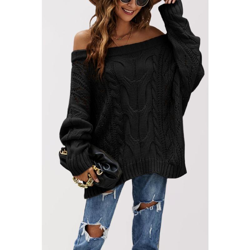 Autumn and Winter Off-the-shoulder Large-size Loose Knitted Sweater with One-word Collar Solid Color Pullover Sweater for Women