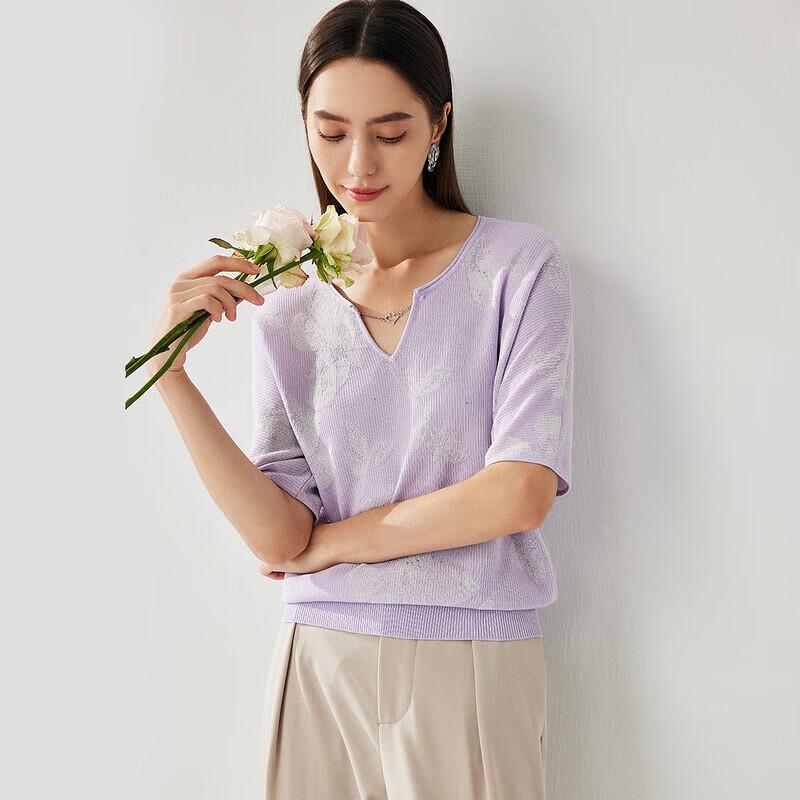 Zhaojun Women's Rose Jacquard V-Neck Silk Blend T-Shirt