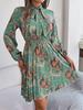 Elegant Floral Lace Up Waist Long Sleeve Pleated Midi Dress For Women