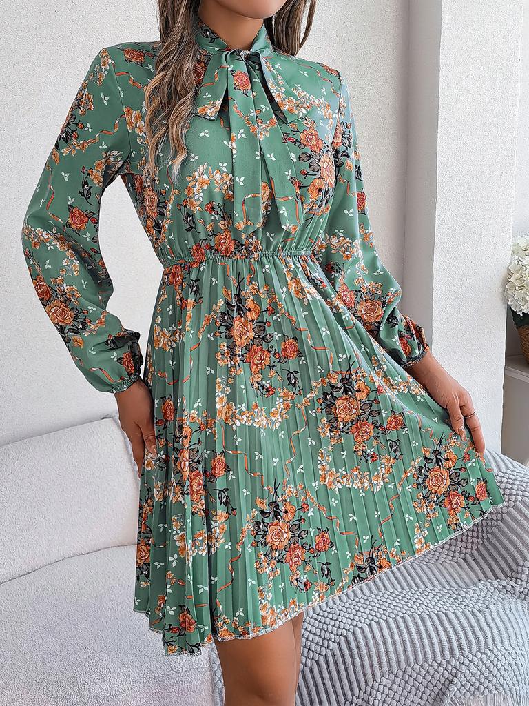Elegant Floral Lace Up Waist Long Sleeve Pleated Midi Dress For Women