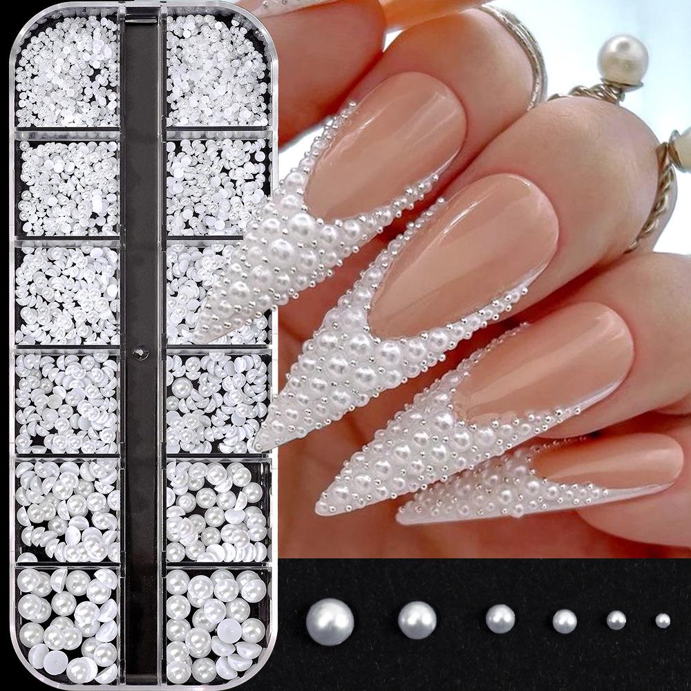 12-Facks Blandat Pärl- & Strass Nagelkonstset (1,5-5 mm) - 3D Japanska Halvcirkelformade Dekorationer