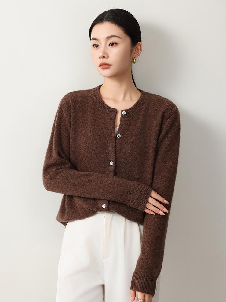 Yak Wool Women's Round Neck Cardigan - 2026 Autumn/Winter Solid Color Single-Breasted Sweater, Elegant Style